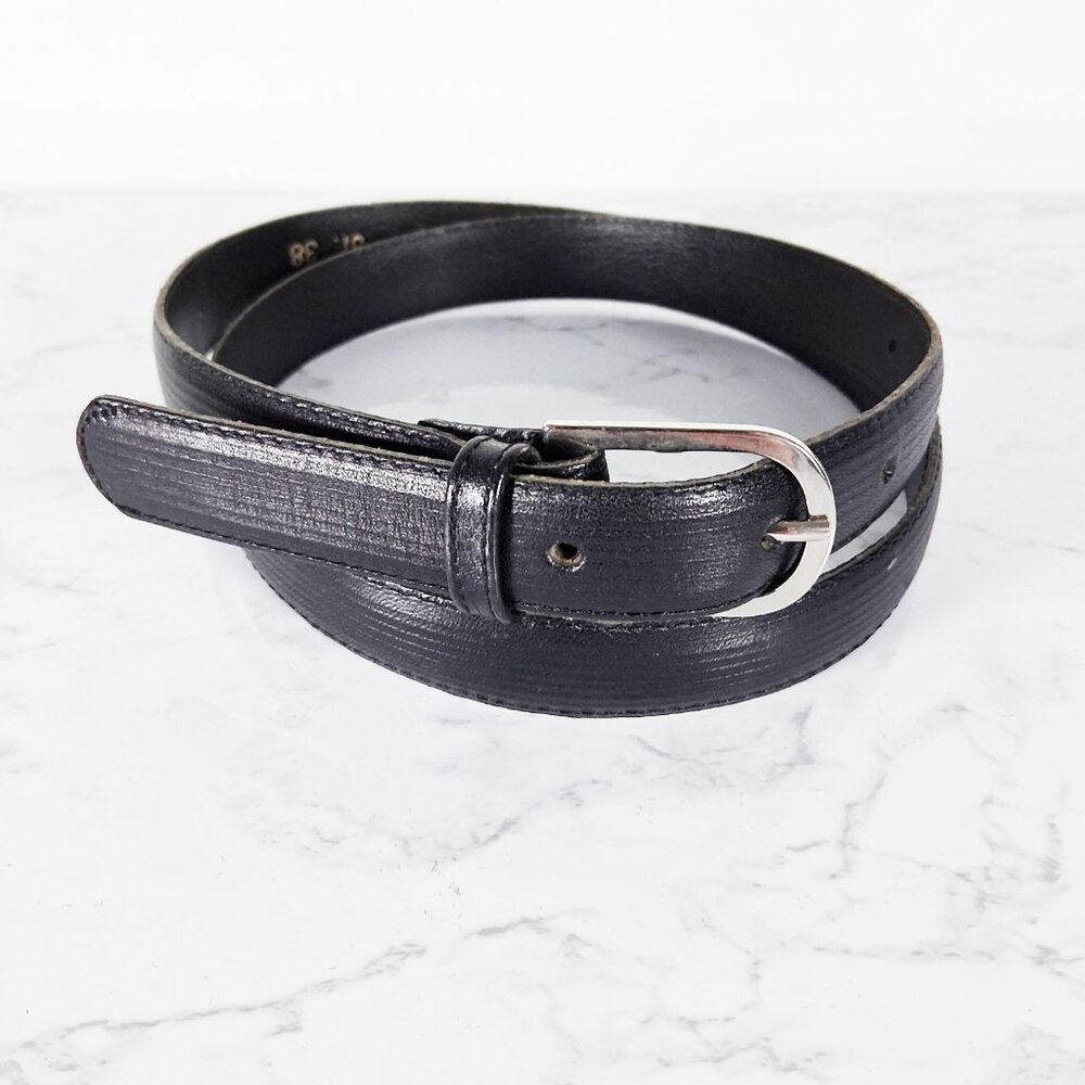 Black Genuine Leather Belt Faux Snakeskin Silver Buckle Medium